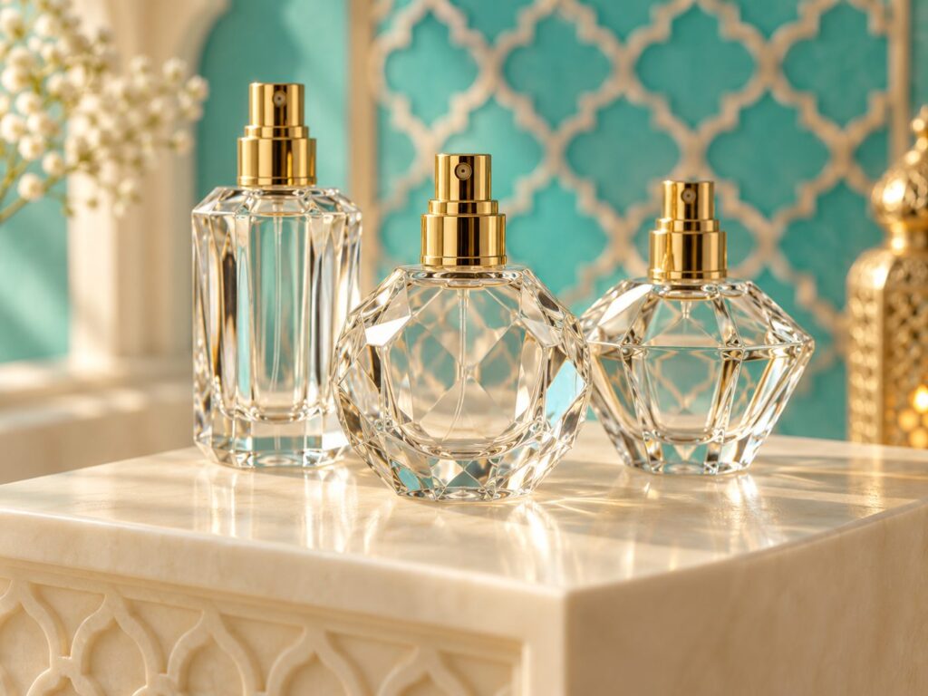 عبوات عطر زجاجية بأغطية ذهبية